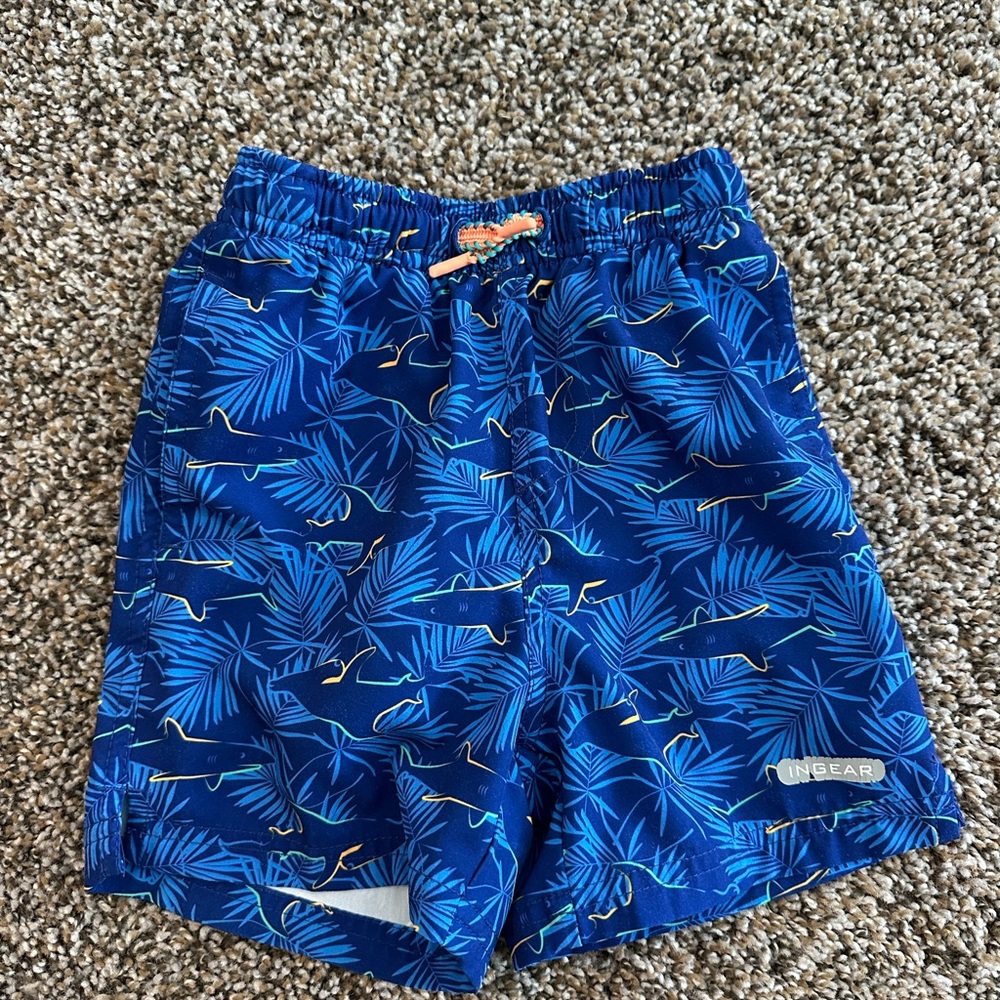 Blue Shark Print 4T Boys Swim Trunks